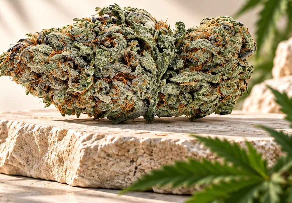 Sommité de CBD sur une pierre de travertin, ombres de palmes en arrière-plan